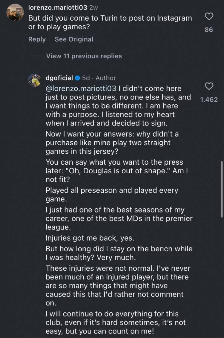 道格拉斯回应球迷：我曾是英超最佳中场之一，但在尤文枯坐替补席